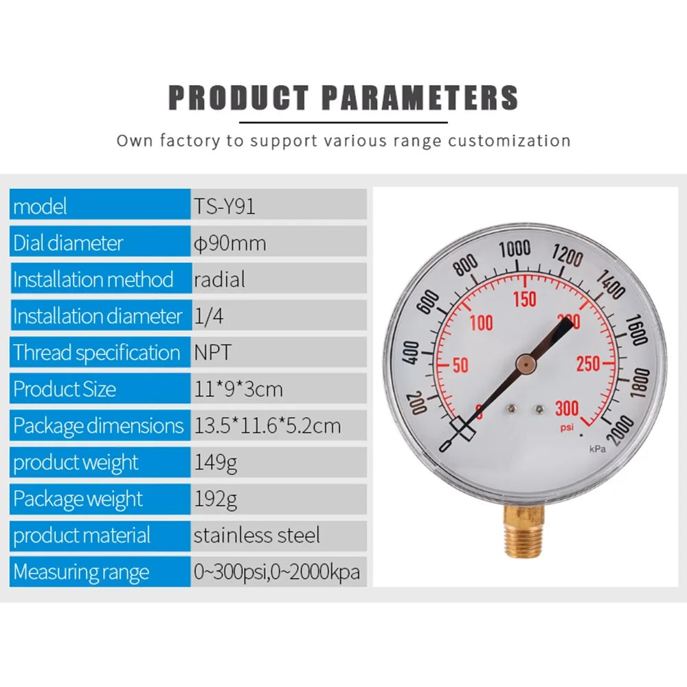 TS-Y91 Large 90mm Dial Oil Gas Pressure Gauge 0-300 PSI / 0-2000 KPA Range Dual Scale Water Pressure Gauge - 5