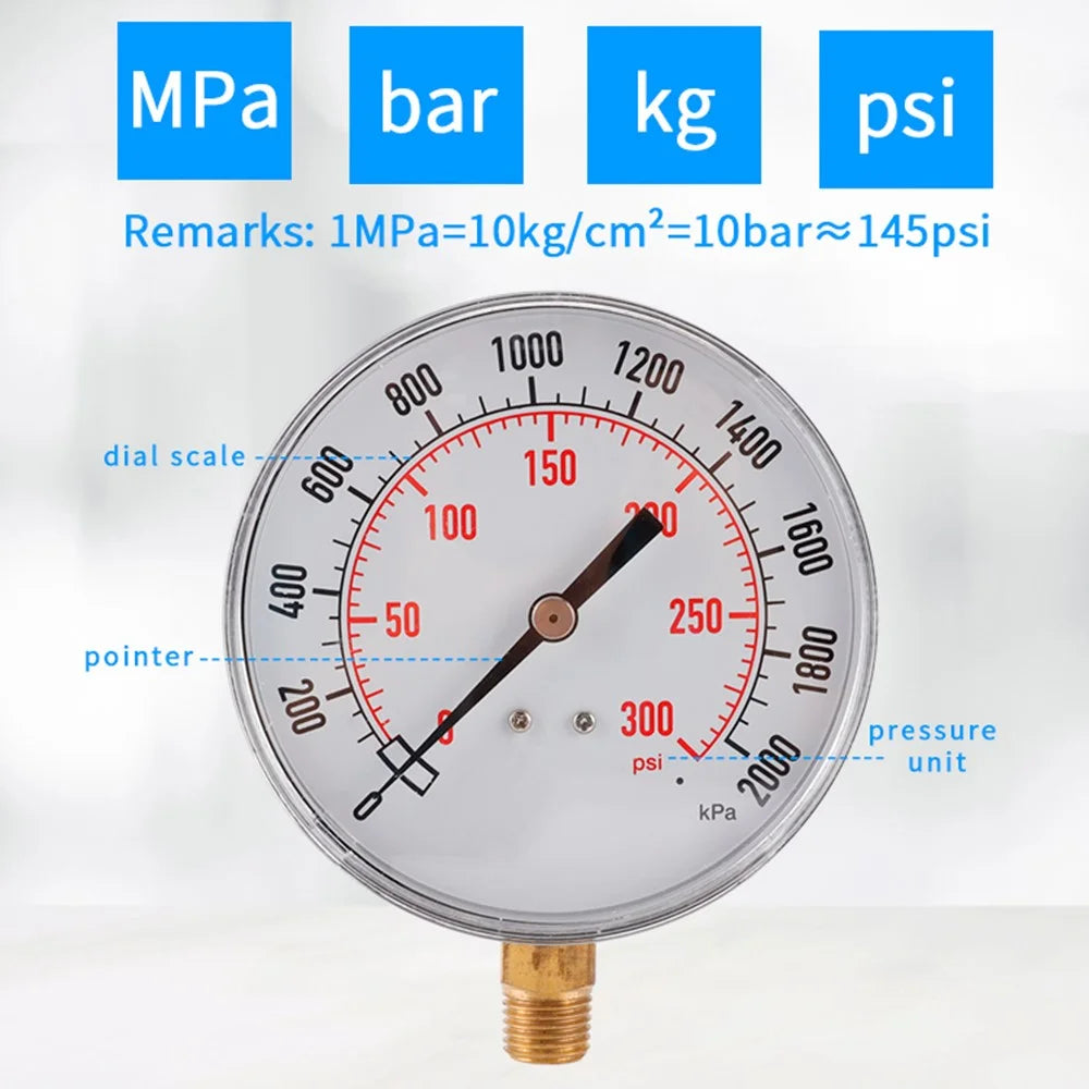 TS-Y91 Large 90mm Dial Oil Gas Pressure Gauge 0-300 PSI / 0-2000 KPA Range Dual Scale Water Pressure Gauge - 6