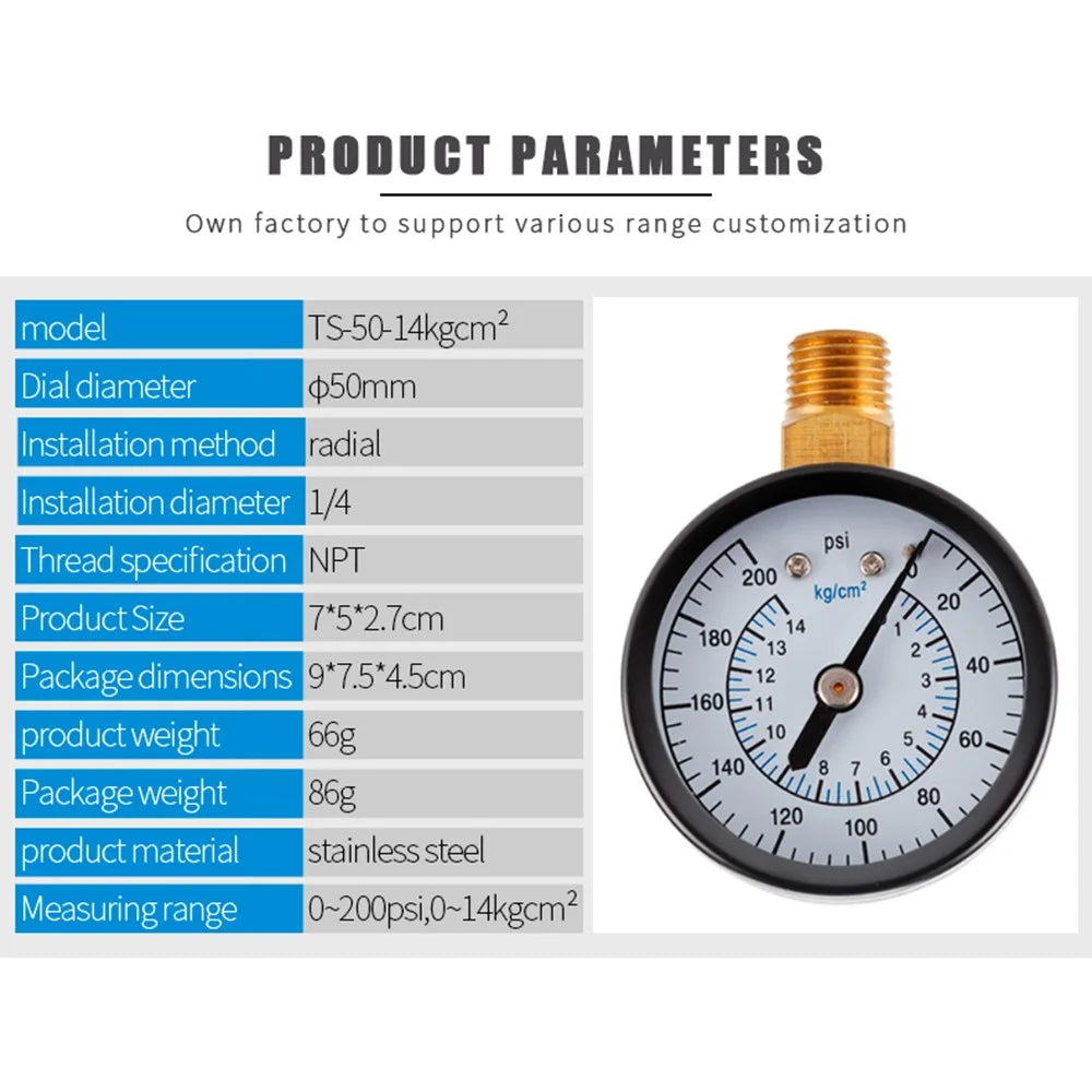 TS-50-14kg / cm2 50mm Dial Gas Pressure Gauge Stainless Steel Dual Scale Oil Water Pressure Gauge with 1 / 4'' NPT Mount - 4