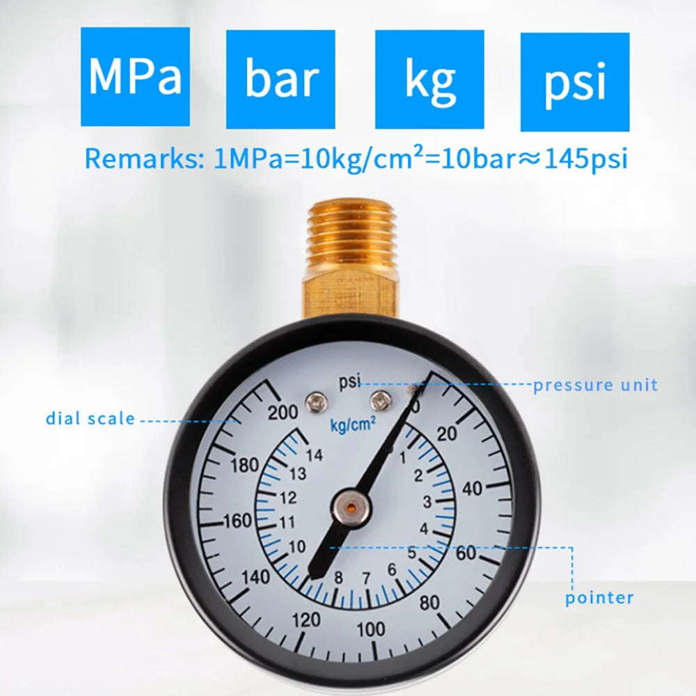 TS-50-14kg / cm2 50mm Dial Gas Pressure Gauge Stainless Steel Dual Scale Oil Water Pressure Gauge with 1 / 4'' NPT Mount - 5
