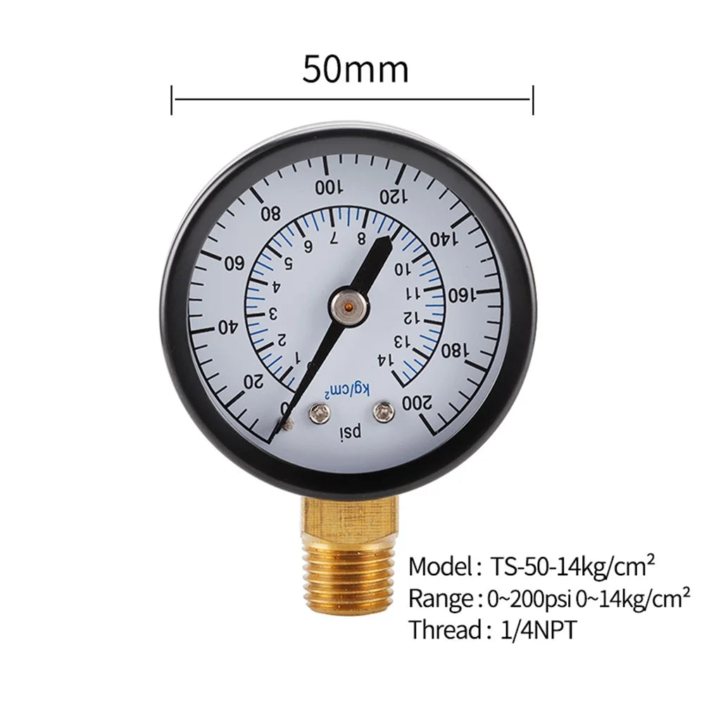 TS-50-14kg / cm2 50mm Dial Gas Pressure Gauge Stainless Steel Dual Scale Oil Water Pressure Gauge with 1 / 4'' NPT Mount - 7