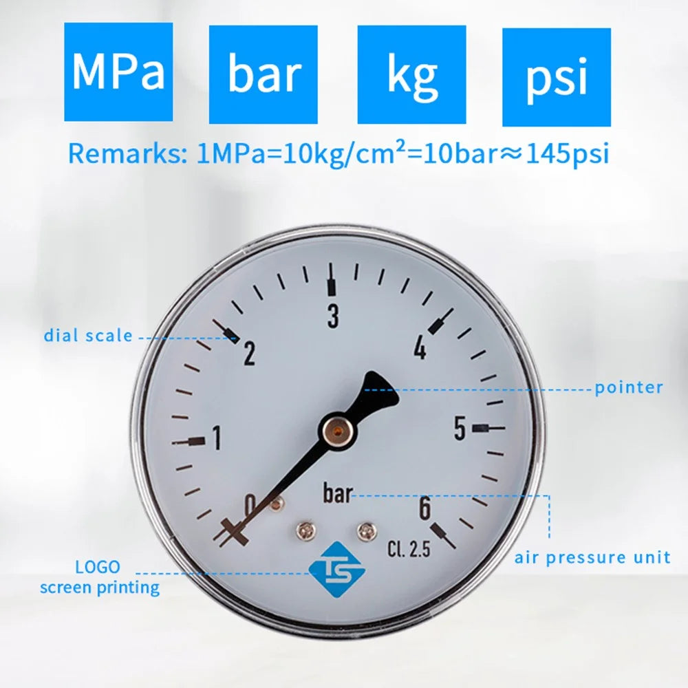 TS-60-6bar High Precision 60mm Large Dial Pressure Gauge 0-6 Bar Water / Gas / Air Pressure Measurement Tool with 1 / 4'' NPT Bottom Mount - 6