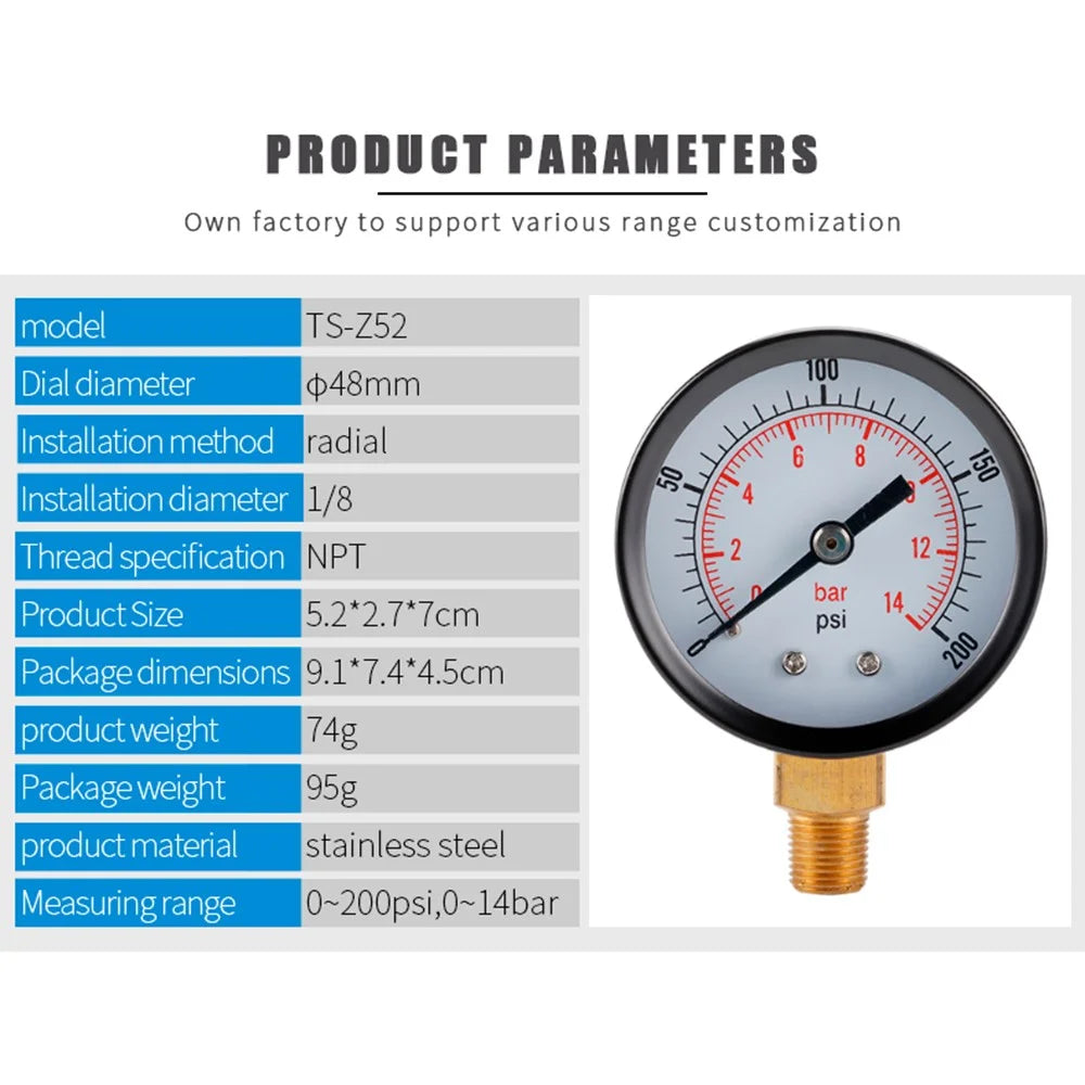 TS-Z52 0-200 PSI / 0-14 Bar Range Gas Pressure Gauge Stainless Steel Dual Scale Multipurpose Oil Water Pressure Gauge - 5