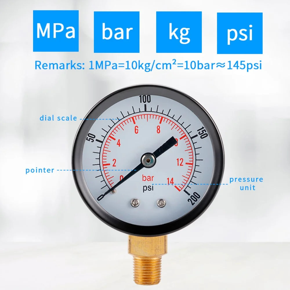 TS-Z52 0-200 PSI / 0-14 Bar Range Gas Pressure Gauge Stainless Steel Dual Scale Multipurpose Oil Water Pressure Gauge - 6