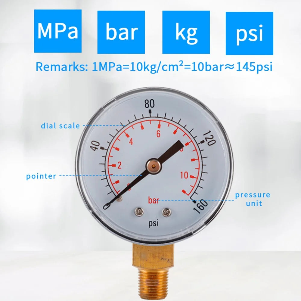 TS-Z53 Water Pressure Gauge Dual Scale Gas Pressure Gauge 0-160 PSI / 0-11 Bar Test Range Oil Pressure Gauge - 5