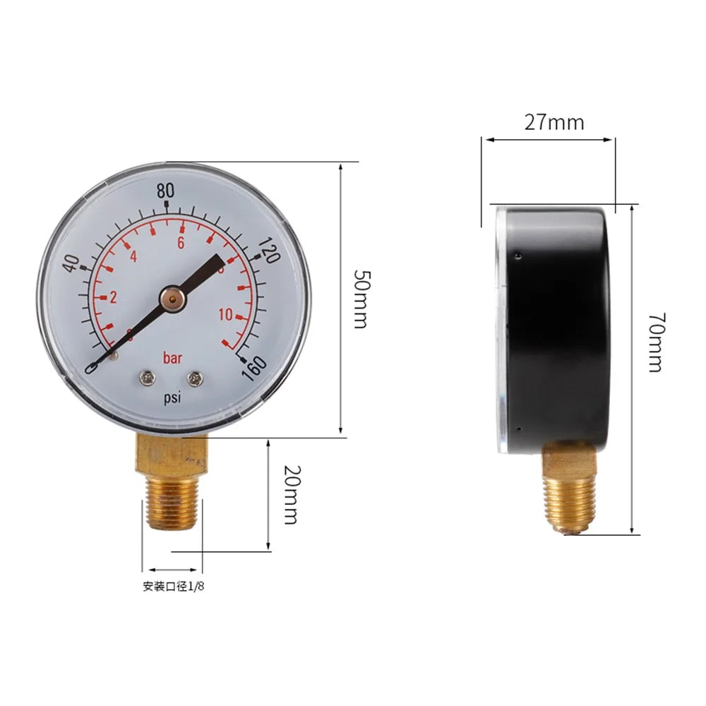 TS-Z53 Water Pressure Gauge Dual Scale Gas Pressure Gauge 0-160 PSI / 0-11 Bar Test Range Oil Pressure Gauge - 7