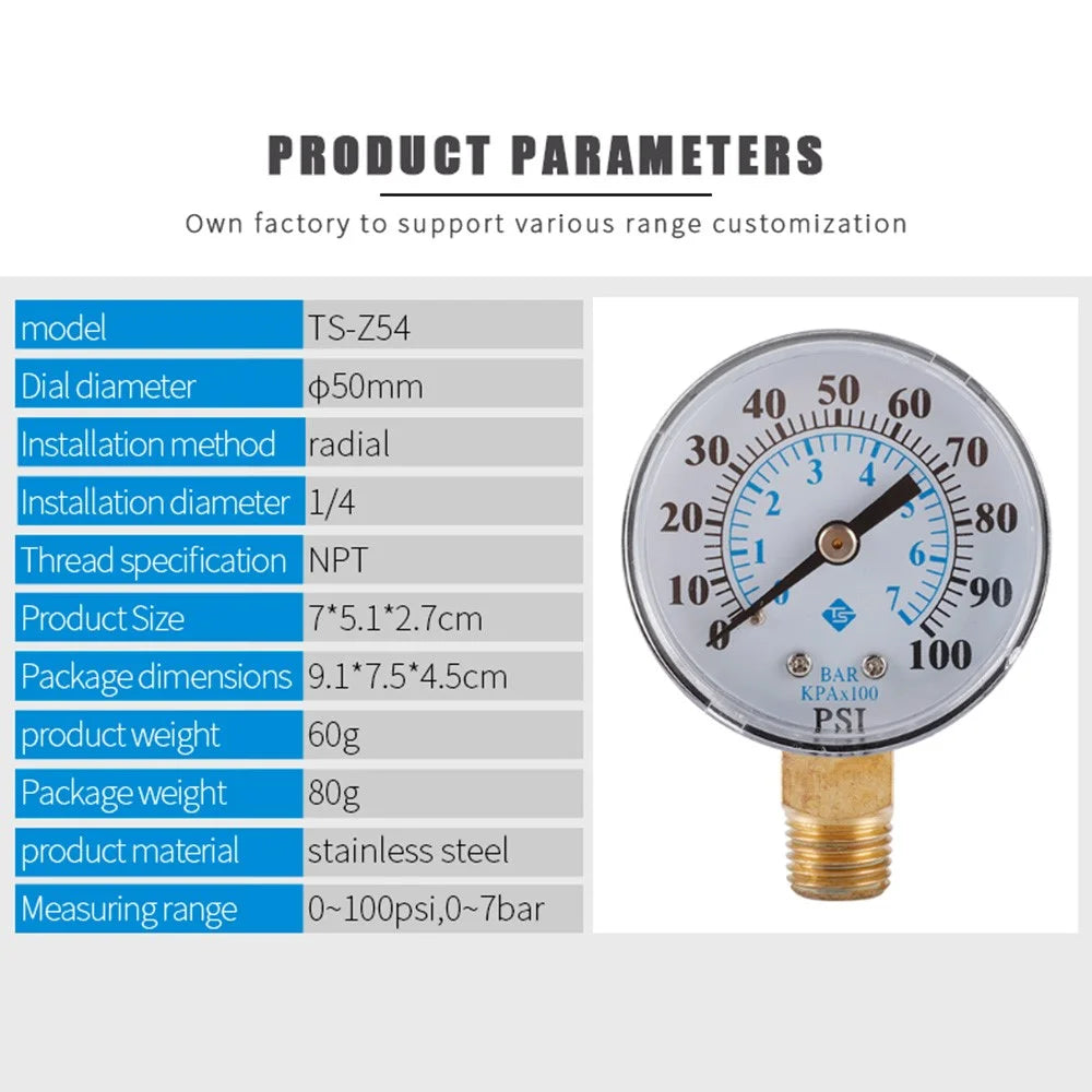 TS-Z54 0-100 PSI / 0-7 Bar Dual Scale Pressure Gauge Pool Filter Aquarium Water Air Gas Pressure Gauge Meter 1 / 4 NPT Bottom Mount - 5