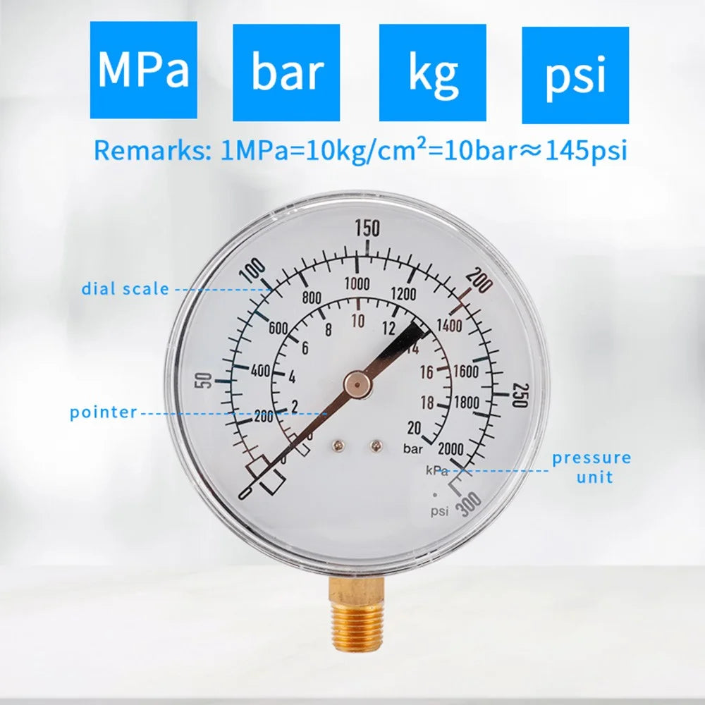 TS-Y90 90mm Large Dial Oil Gas Pressure Gauge 0-300 PSI / 0-2000 KPA / 0-20 Bar Water Pressure Gauge - 5