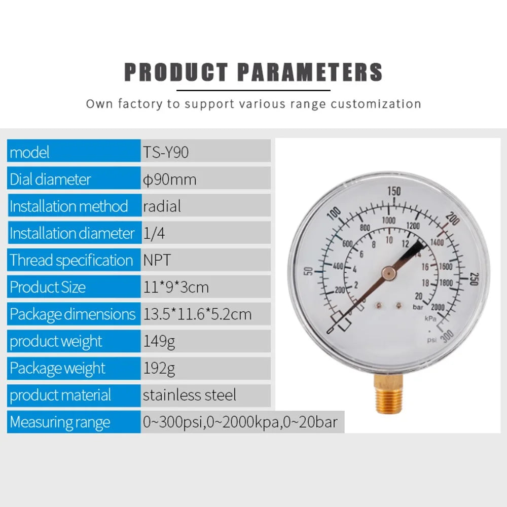 TS-Y90 90mm Large Dial Oil Gas Pressure Gauge 0-300 PSI / 0-2000 KPA / 0-20 Bar Water Pressure Gauge - 6