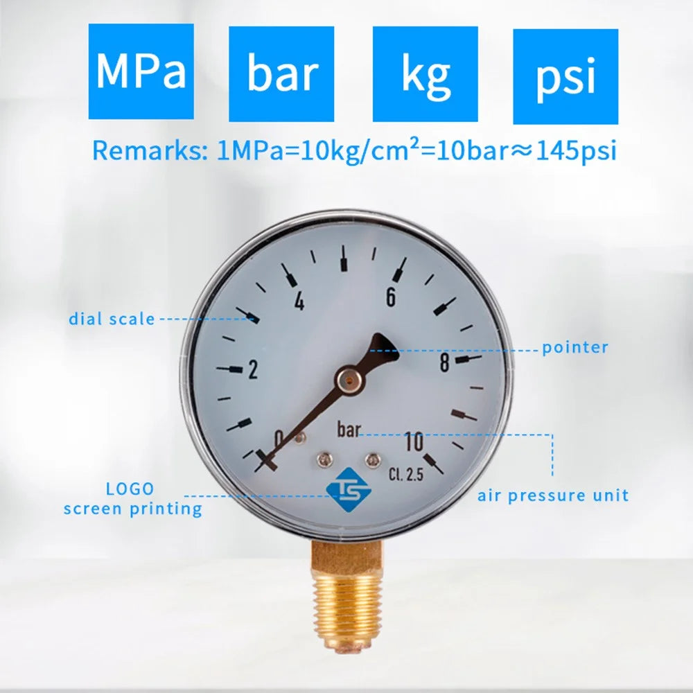 TS-60-10bar 60mm Dial Pressure Gauge 0-10 Bar Water  /  Gas  /  Air Pressure Measurement Tool with 1  /  4 NPT Bottom Mount - 4