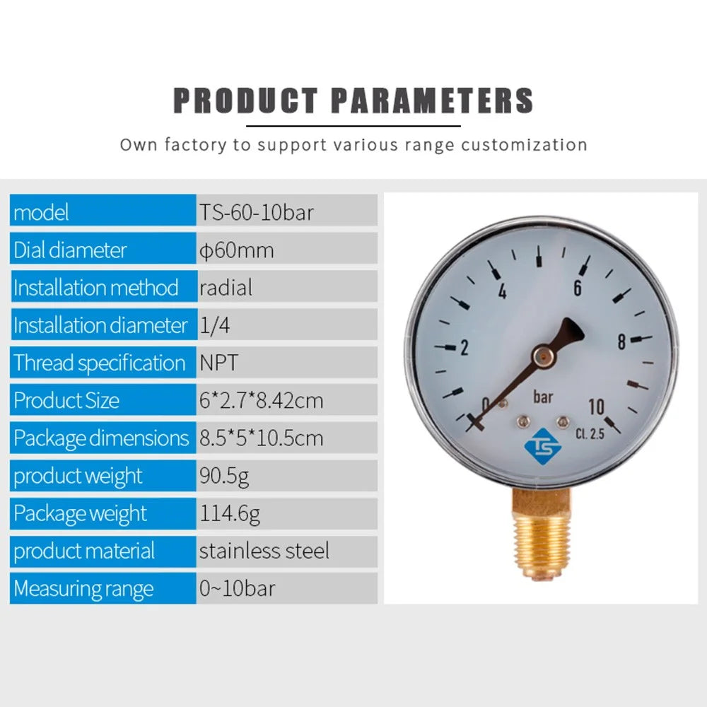 TS-60-10bar 60mm Dial Pressure Gauge 0-10 Bar Water  /  Gas  /  Air Pressure Measurement Tool with 1  /  4 NPT Bottom Mount - 5