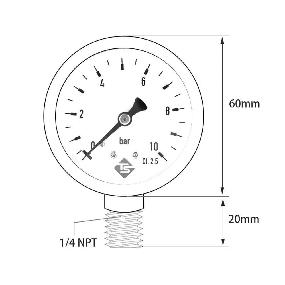 TS-60-10bar 60mm Dial Pressure Gauge 0-10 Bar Water  /  Gas  /  Air Pressure Measurement Tool with 1  /  4 NPT Bottom Mount - 6