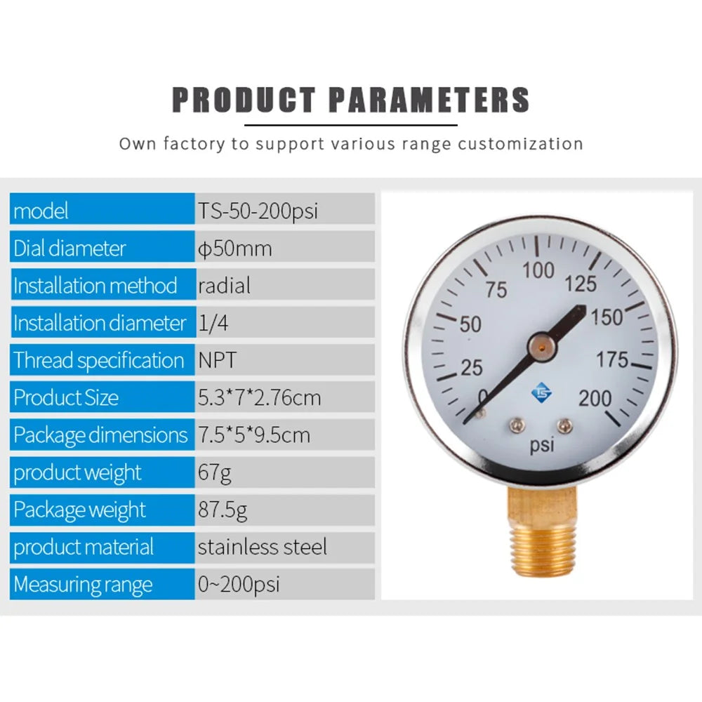 TS-50-200psi Pressure Gauge Vacuum Water Pressure Gauge 0-200 PSI Test Range Oil Pressure Gauge with 1 / 4'' NPT Bottom Mount - 5