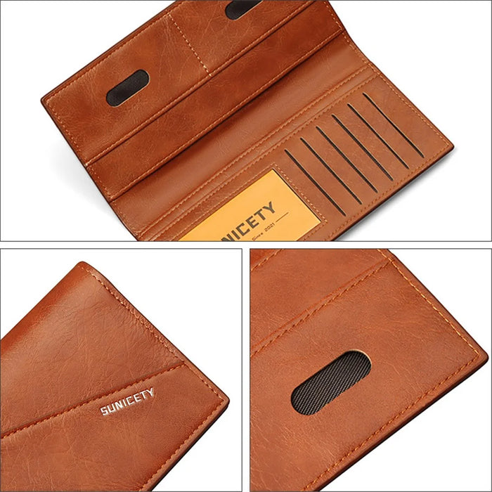 SUNICETY RFID Blocking PU Leather Ultra-thin Bi-fold Men Long Wallet Cards Cash Holder Bag - Coffee - 5