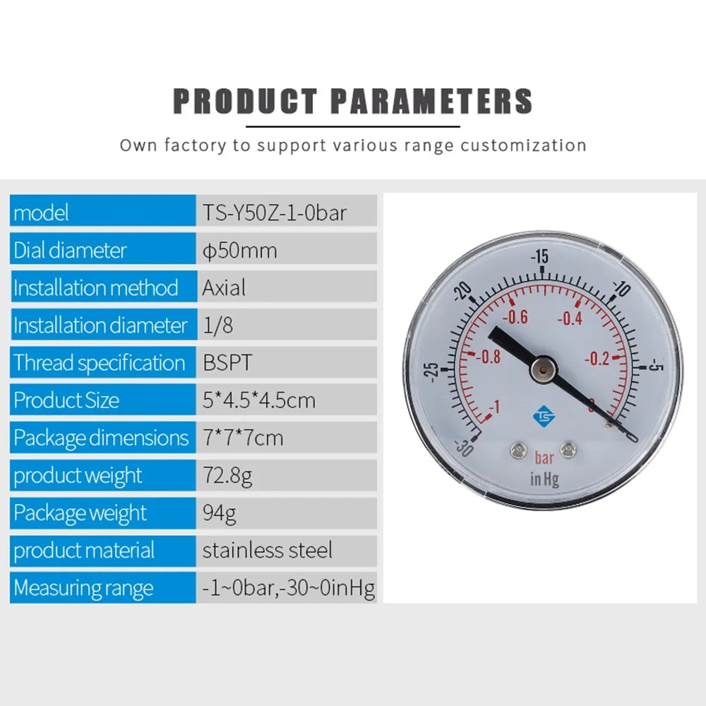 TS-Y50Z-1-0bar Axial Air Pressure Gauge -1-0 Bar Hydraulic Oil Water Pressure Meter Gauge - 5