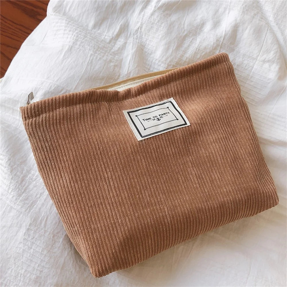602 Corduroy Toiletries Purse Makeup Storage Pouch Cosmetic Organizer Bag Hand Carrying Pouch - Camel - 2