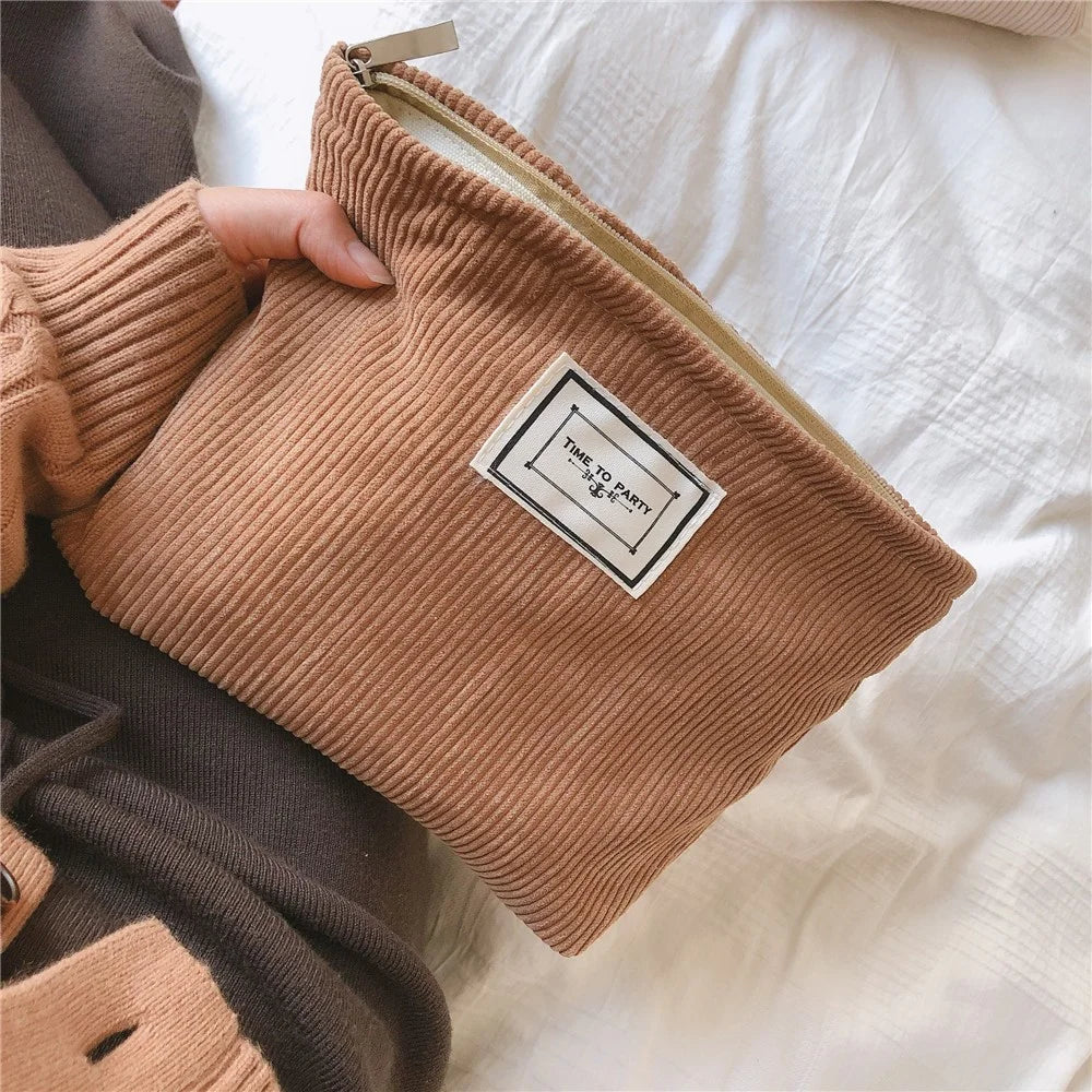 602 Corduroy Toiletries Purse Makeup Storage Pouch Cosmetic Organizer Bag Hand Carrying Pouch - Camel - 3
