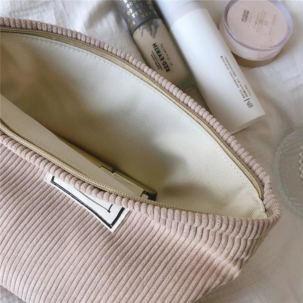 602 Corduroy Toiletries Purse Makeup Storage Pouch Cosmetic Organizer Bag Hand Carrying Pouch - Camel - 6