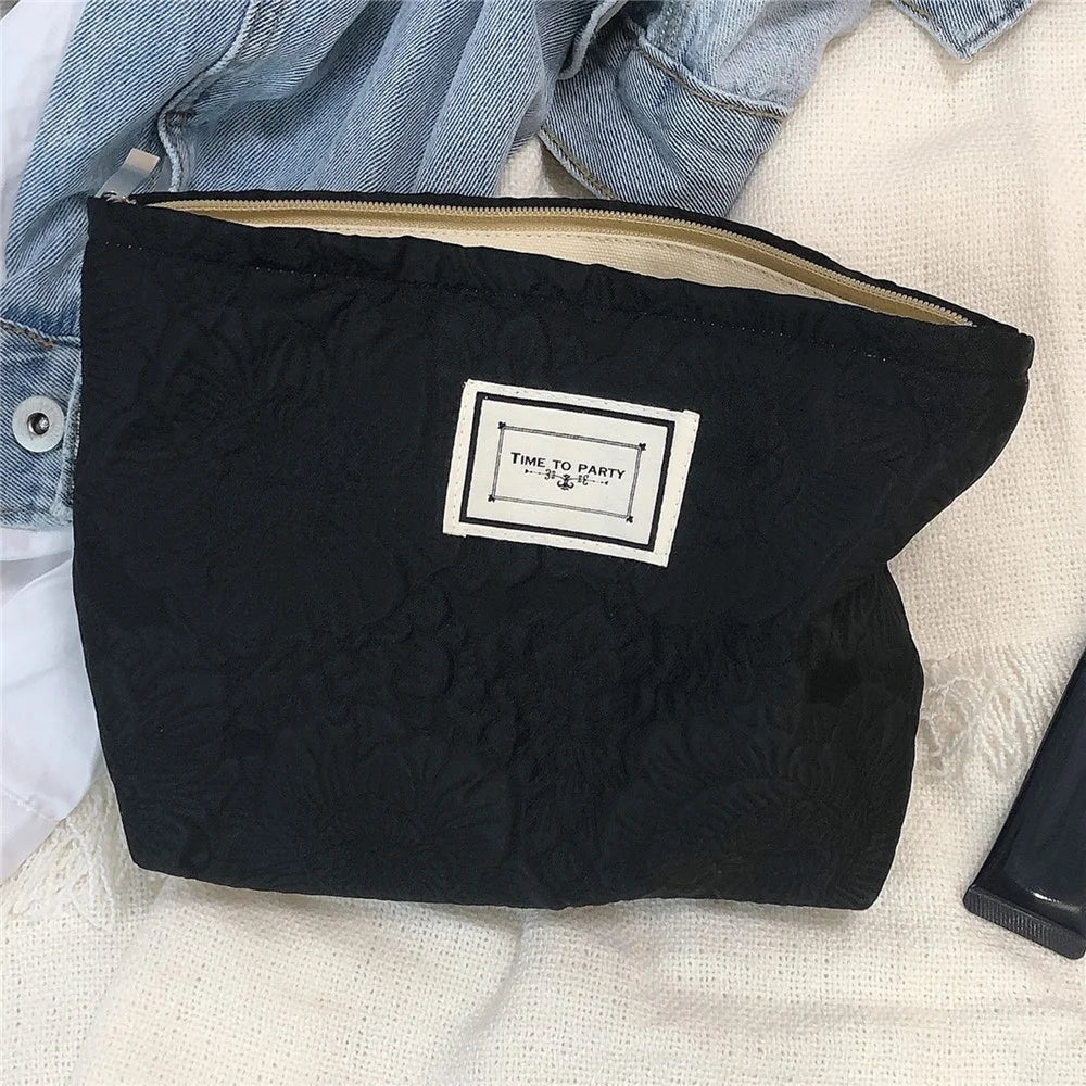 337 Cosmetic Organizer Travel Bag Flower Pattern Canvas Toiletries Women Teen Girls Makeup Storage Pouch - Black - 1