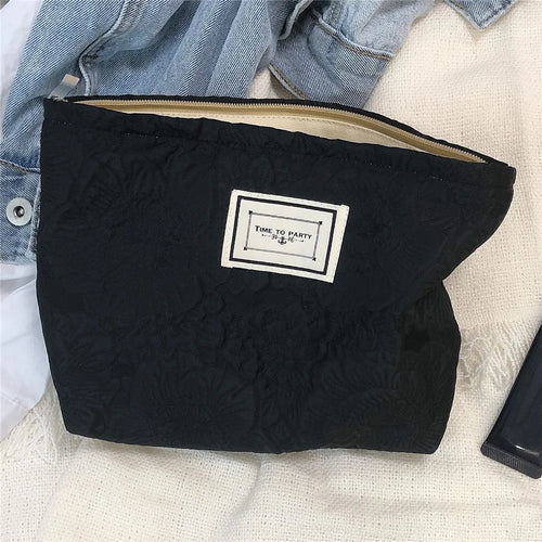 337 Cosmetic Organizer Travel Bag Flower Pattern Canvas Toiletries Women Teen Girls Makeup Storage Pouch - Black - 1