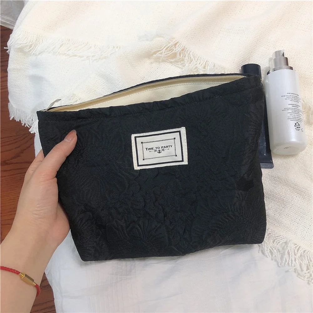 337 Cosmetic Organizer Travel Bag Flower Pattern Canvas Toiletries Women Teen Girls Makeup Storage Pouch - Black - 2