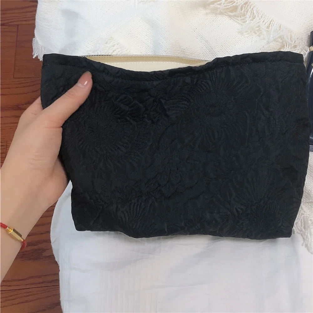 337 Cosmetic Organizer Travel Bag Flower Pattern Canvas Toiletries Women Teen Girls Makeup Storage Pouch - Black - 3