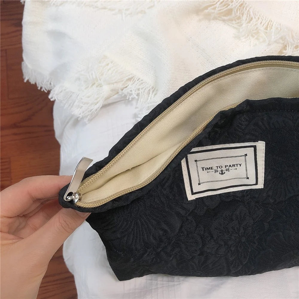 337 Cosmetic Organizer Travel Bag Flower Pattern Canvas Toiletries Women Teen Girls Makeup Storage Pouch - Black - 5