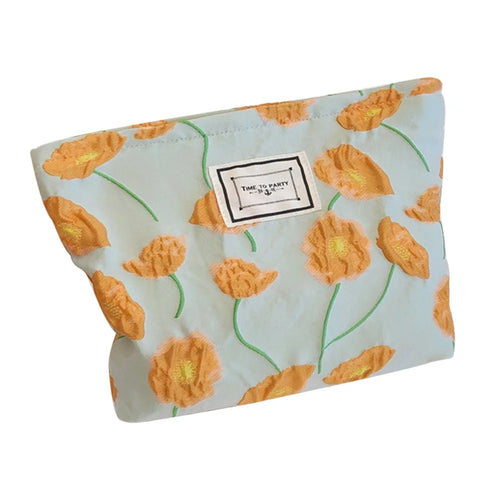 81 Flower Pattern Cosmetic Organizer Travel Bag Large Canvas Toiletries Women Teen Girls Makeup Storage Pouch - Orange Flower - 1
