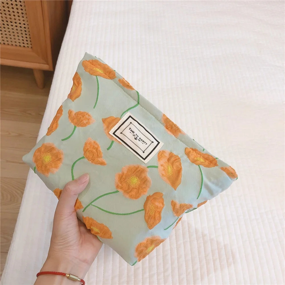 81 Flower Pattern Cosmetic Organizer Travel Bag Large Canvas Toiletries Women Teen Girls Makeup Storage Pouch - Orange Flower - 3