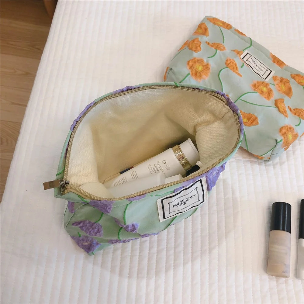 81 Flower Pattern Cosmetic Organizer Travel Bag Large Canvas Toiletries Women Teen Girls Makeup Storage Pouch - Orange Flower - 4