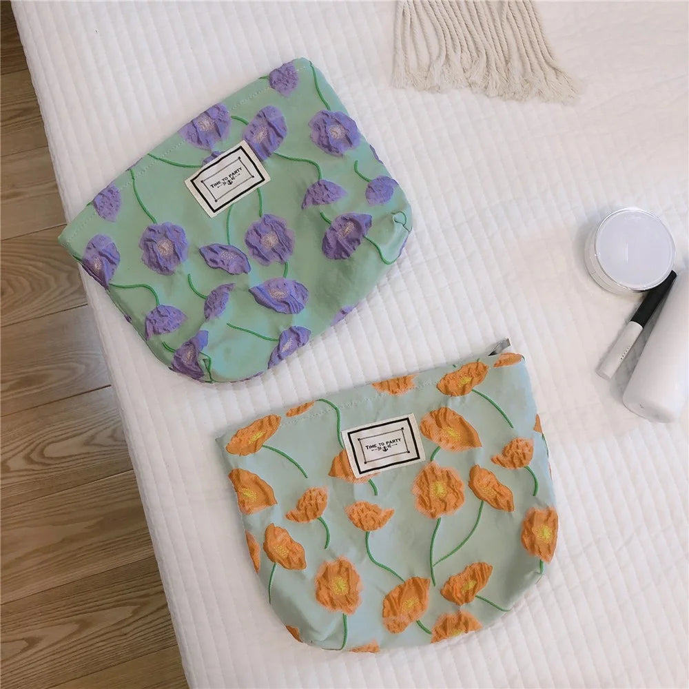 81 Flower Pattern Cosmetic Organizer Travel Bag Large Canvas Toiletries Women Teen Girls Makeup Storage Pouch - Orange Flower - 5