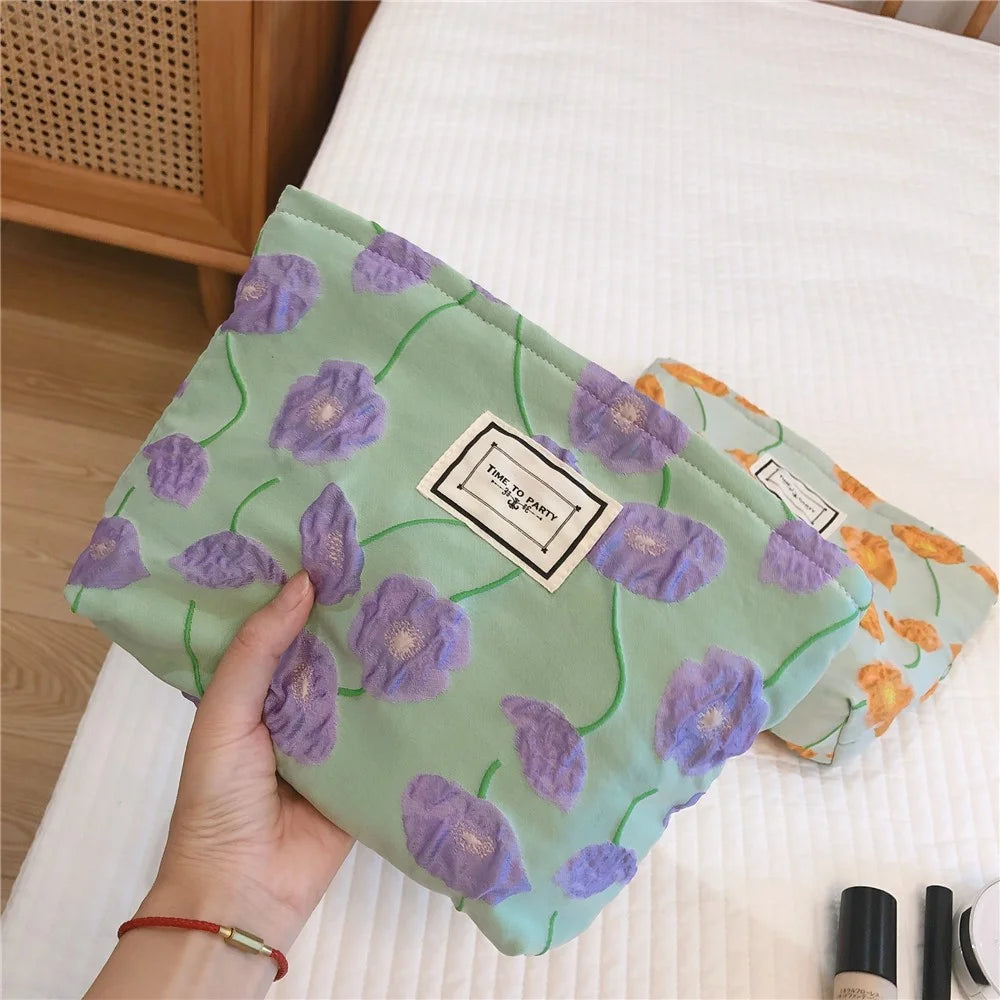 81 Flower Pattern Cosmetic Organizer Travel Bag Large Canvas Toiletries Women Teen Girls Makeup Storage Pouch - Orange Flower - 6