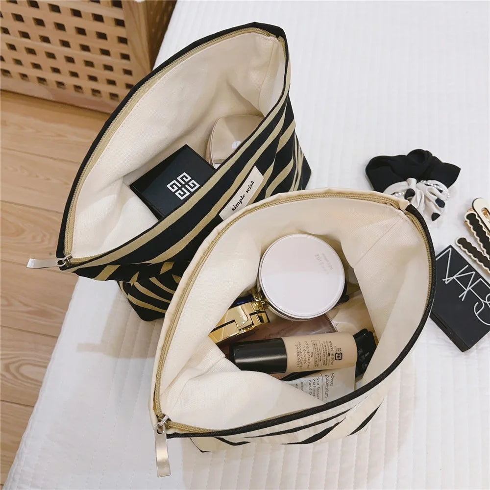 562 Stripe Pattern Makeup Storage Pouch Anti-Wear Canvas Toiletries Women Teen Girls Cosmetic Organizer Travel Bag - Black Stripe - 3