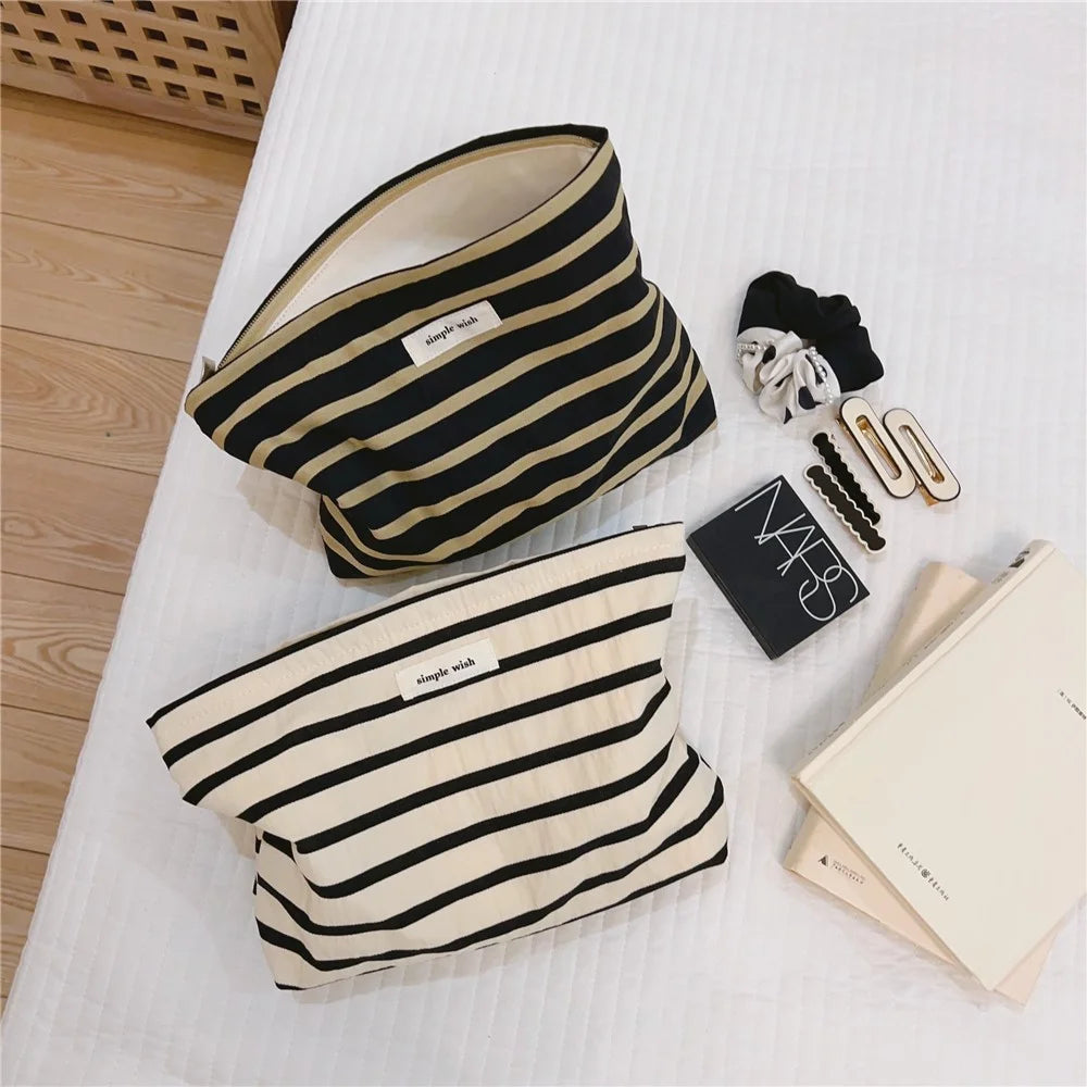 562 Stripe Pattern Makeup Storage Pouch Anti-Wear Canvas Toiletries Women Teen Girls Cosmetic Organizer Travel Bag - Black Stripe - 4