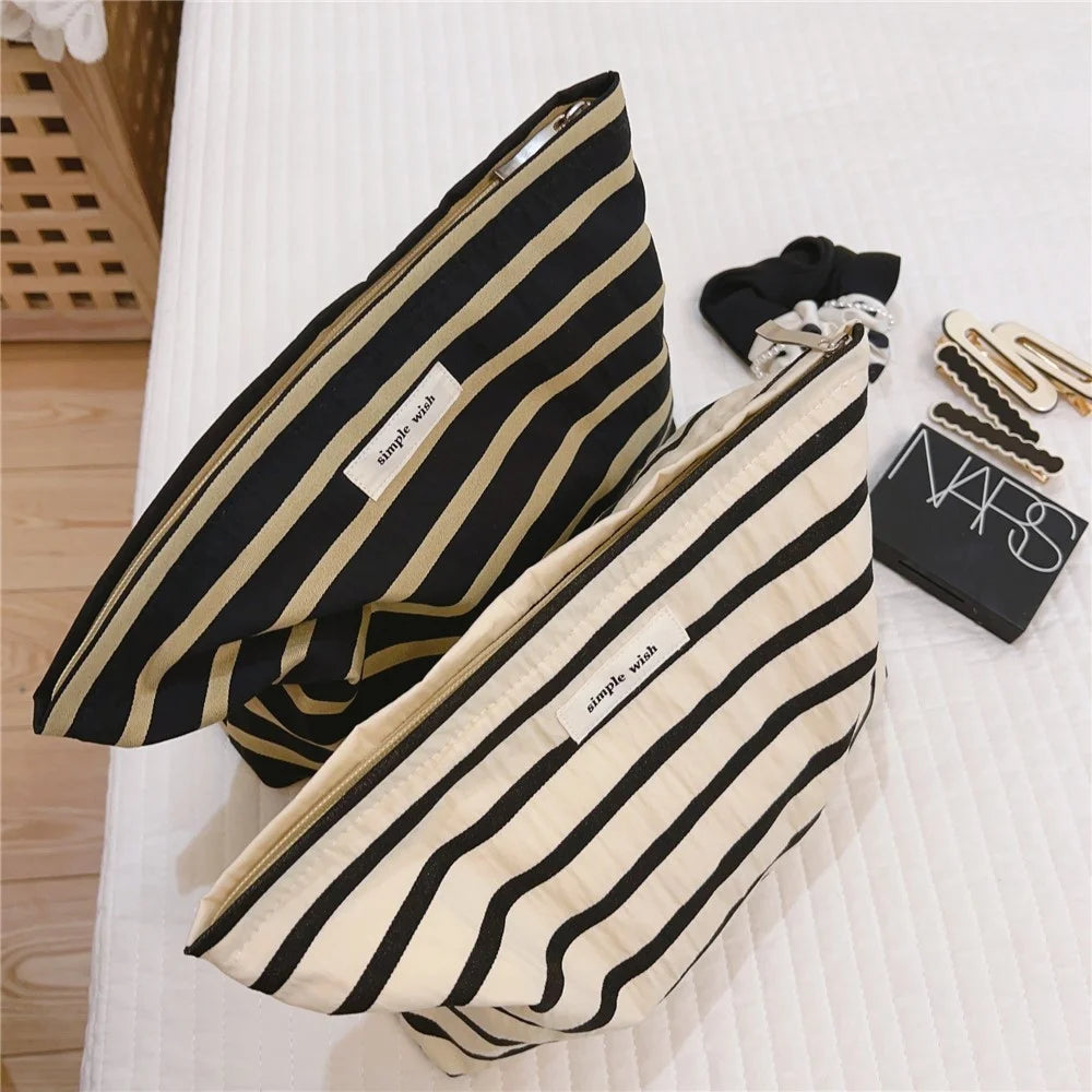 562 Stripe Pattern Makeup Storage Pouch Anti-Wear Canvas Toiletries Women Teen Girls Cosmetic Organizer Travel Bag - Black Stripe - 5