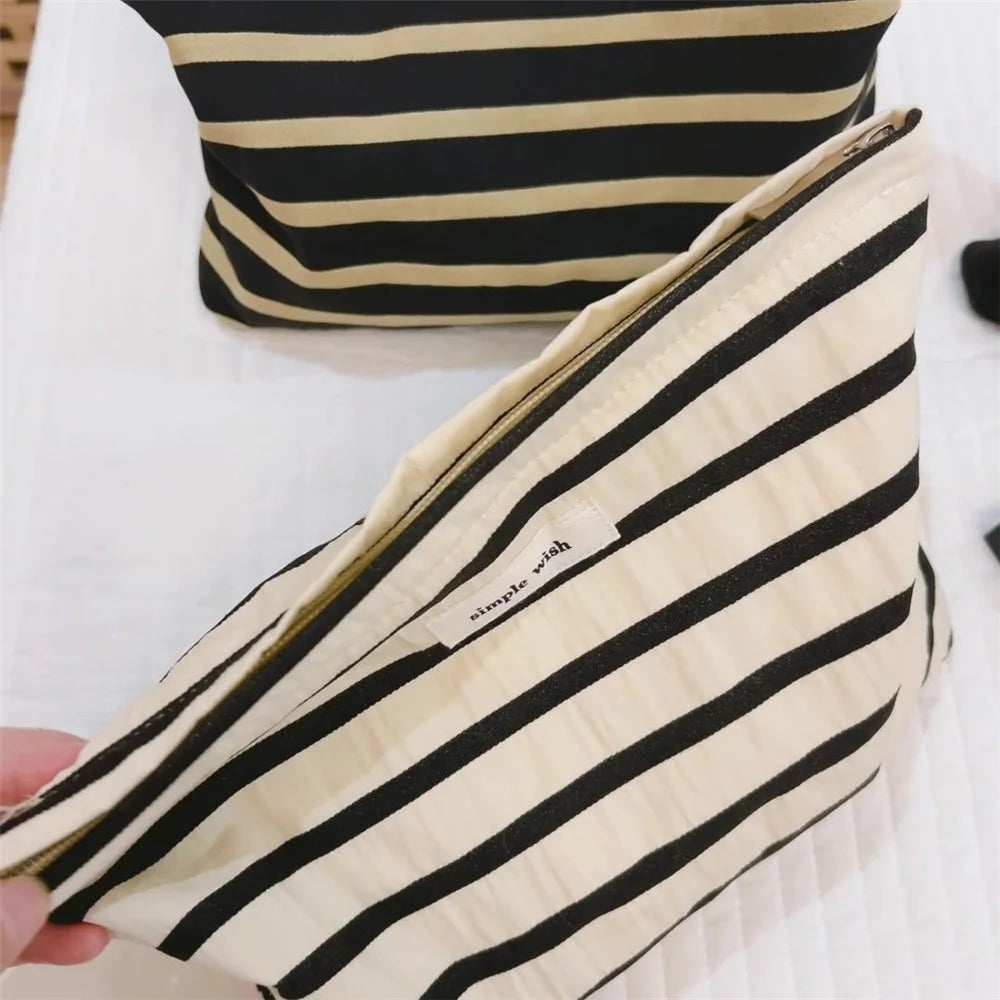 562 Stripe Pattern Makeup Storage Pouch Anti-Wear Canvas Toiletries Women Teen Girls Cosmetic Organizer Travel Bag - Black Stripe - 6