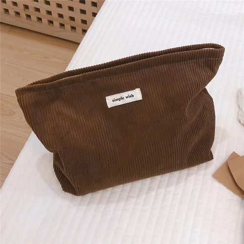 135 Solid Color Makeup Storage Pouch Wear-resistant Corduroy Toiletries Cosmetic Organizer Bag for Women and Teen Girls - Coffee - 1