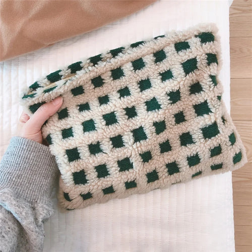 124 Soft Plush Fabric Toiletries Storage Pouch Women Teen Girls Makeup Organizer Cosmetic Travel Bag - Green / White - 1