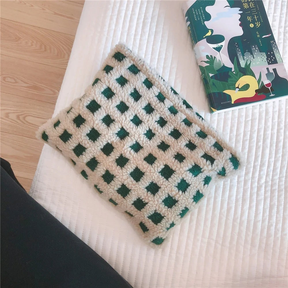 124 Soft Plush Fabric Toiletries Storage Pouch Women Teen Girls Makeup Organizer Cosmetic Travel Bag - Green / White - 2