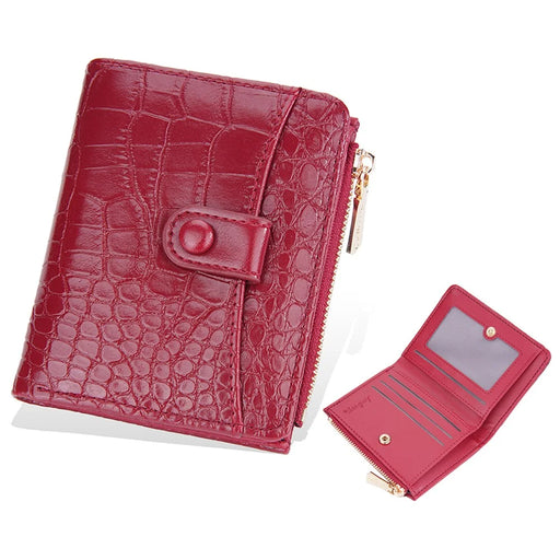 BAELLERRY N2381 Women Multiple Card Slots Crocodile Texture PU Leather Bi-fold Short Wallet with Zipper Pocket - Red - 1