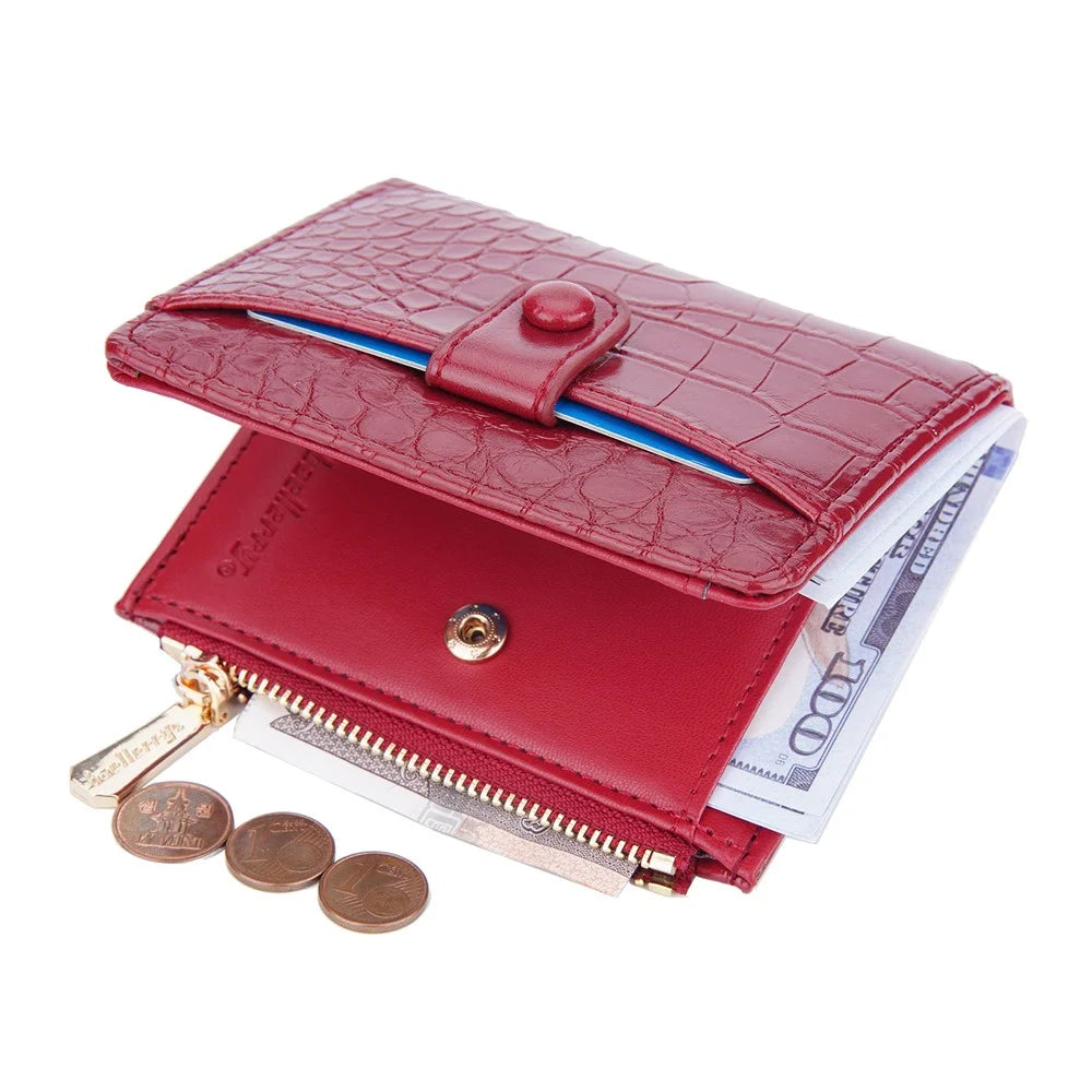 BAELLERRY N2381 Women Multiple Card Slots Crocodile Texture PU Leather Bi-fold Short Wallet with Zipper Pocket - Red - 7