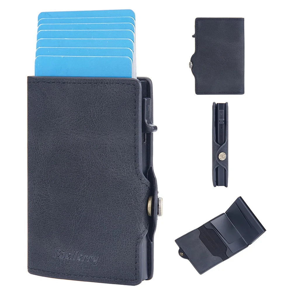BAELLERRY K9296 Side Push Button Design RFID Blocking Card Holder Retro PU Leather + Aluminum Alloy Men Credit Card Carrying Bag - Black - 1
