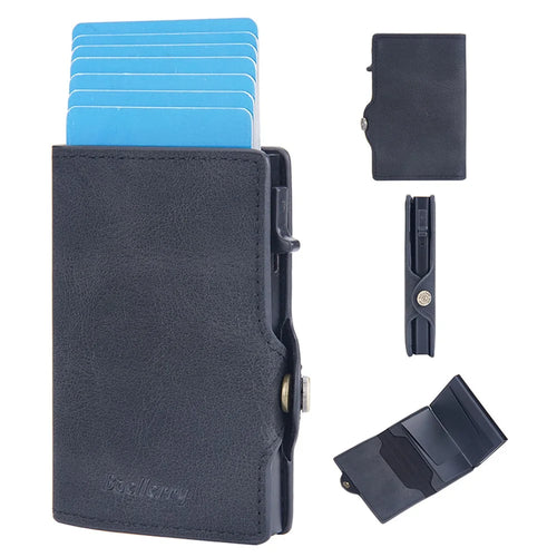 BAELLERRY K9296 Side Push Button Design RFID Blocking Card Holder Retro PU Leather + Aluminum Alloy Men Credit Card Carrying Bag - Black - 1
