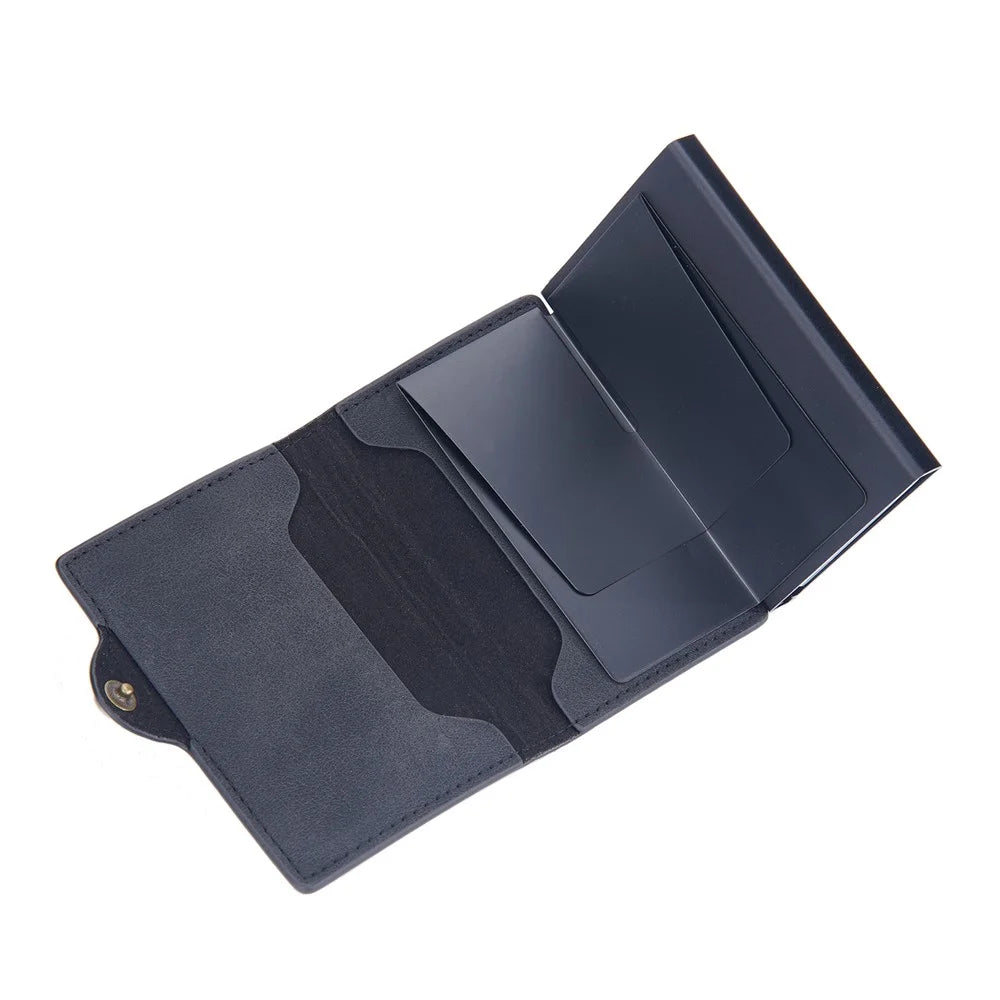 BAELLERRY K9296 Side Push Button Design RFID Blocking Card Holder Retro PU Leather + Aluminum Alloy Men Credit Card Carrying Bag - Black - 4