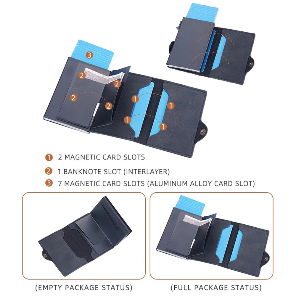 BAELLERRY K9296 Side Push Button Design RFID Blocking Card Holder Retro PU Leather + Aluminum Alloy Men Credit Card Carrying Bag - Black - 7