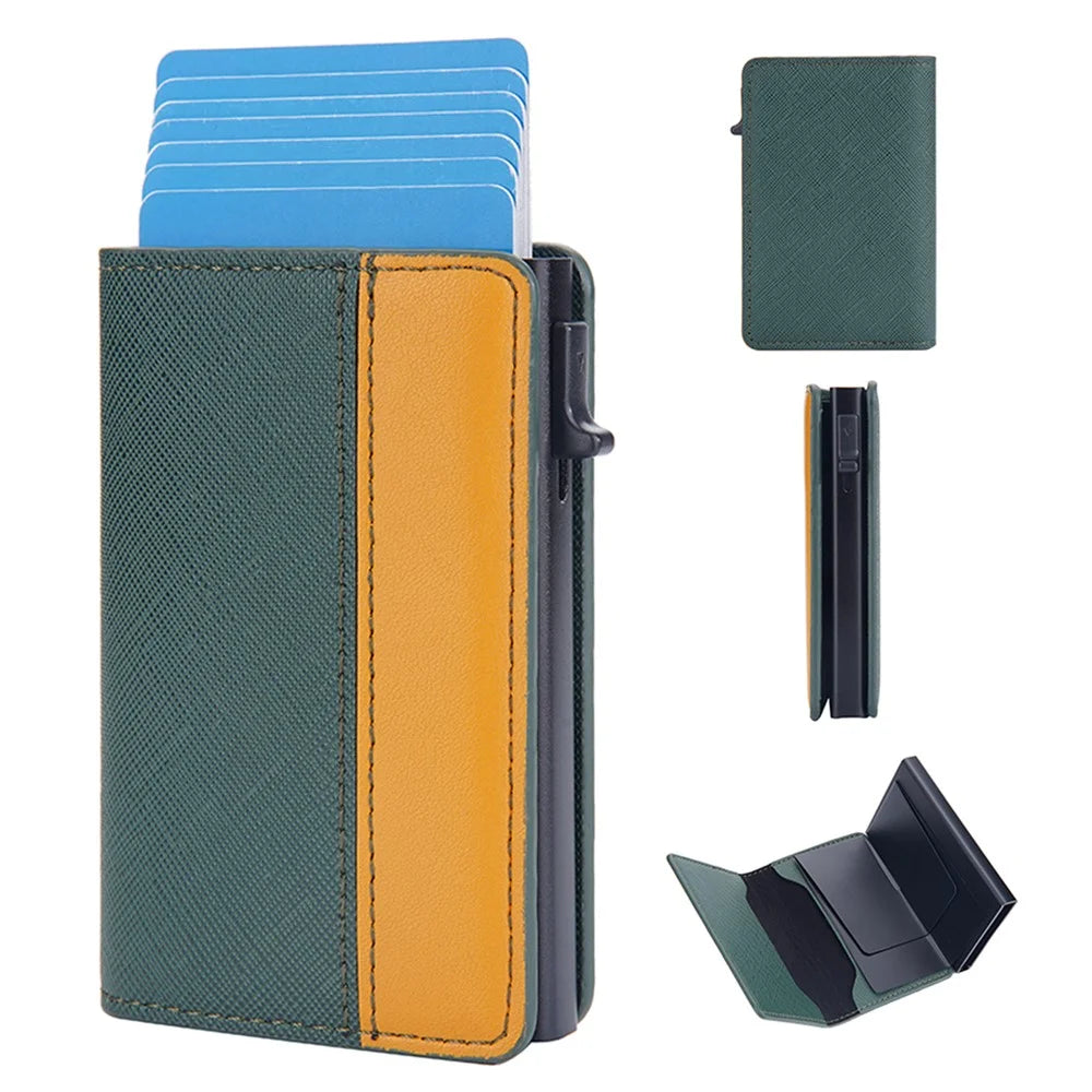 BAELLERRY K9221 Side Push Button Design Contrast Color Card Holder RFID Blocking PU Leather + Metal Credit Card Carrying Bag - Green - 1