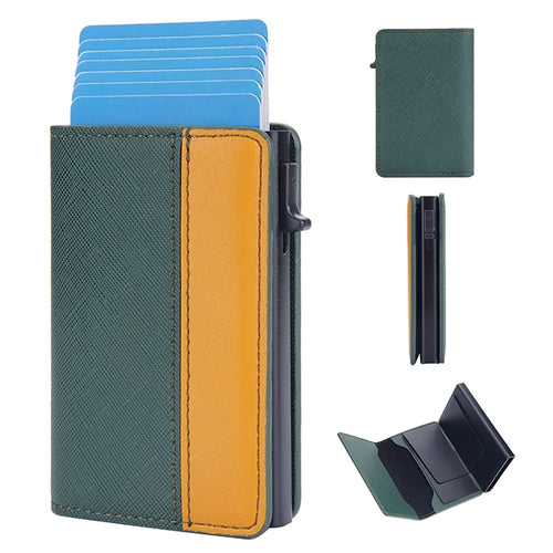 BAELLERRY K9221 Side Push Button Design Contrast Color Card Holder RFID Blocking PU Leather + Metal Credit Card Carrying Bag - Green - 1