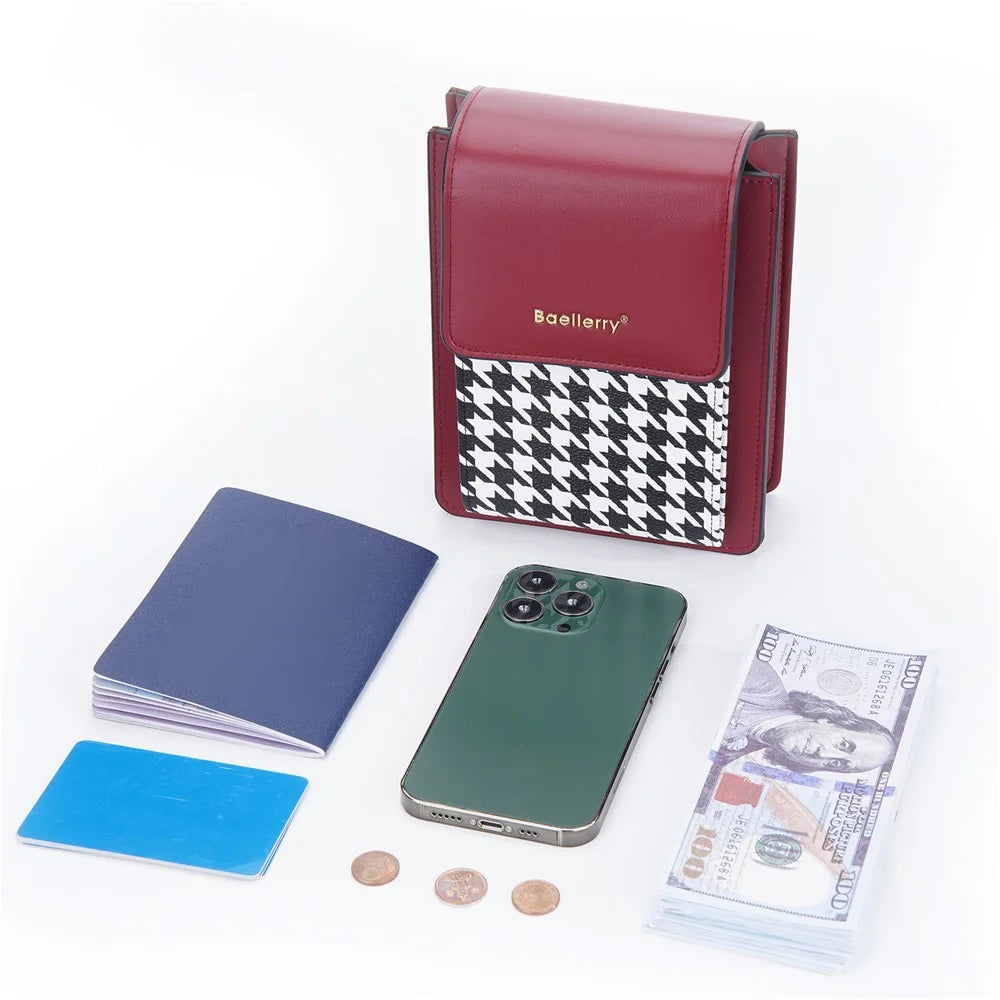 BAELLERRY N8626 Contrast Color PU Leather Magnetic Button Phone Carrying Pouch Stylish Women Cards Cash Holder Crossbody Bag - Red - 6