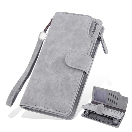 BAELLERRY S1070 Frosted PU Leather Men Long Wallet Zipper Pocket Cards Cash Holder Clutch Bag with Wrist Strap - Grey - 1