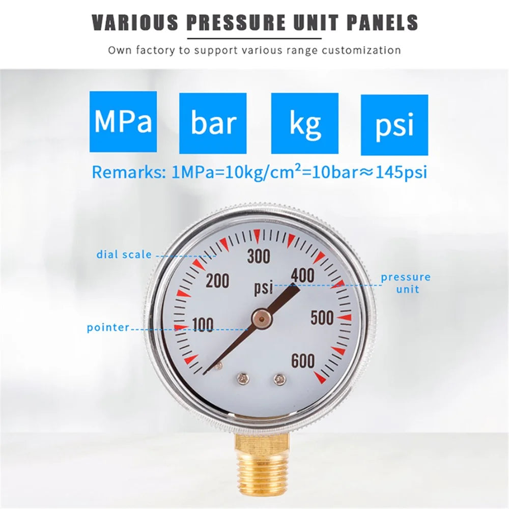 TS-Y50-600psi Dual Scale Water Vacuum Pressure Gauge High Precision Gas Air Pressure Gauge 1 / 4'' NPT Bottom Mount - 2